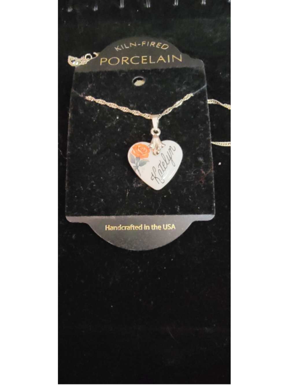 Katelyn Name Necklace Porcelain Heart Pendant Rose Handcrafted Gift Jewelry USA